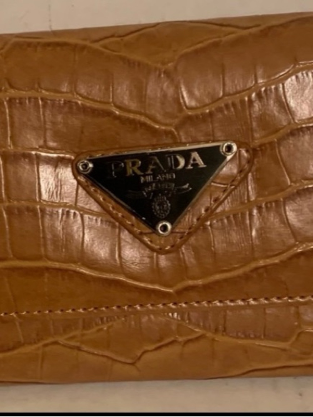 Prada Croc-Embossed Leather Wallet in Tan with Triangular Logo